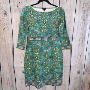 Talbots | Colorful Blue & Green Paisley 3/4 Sheath Dress